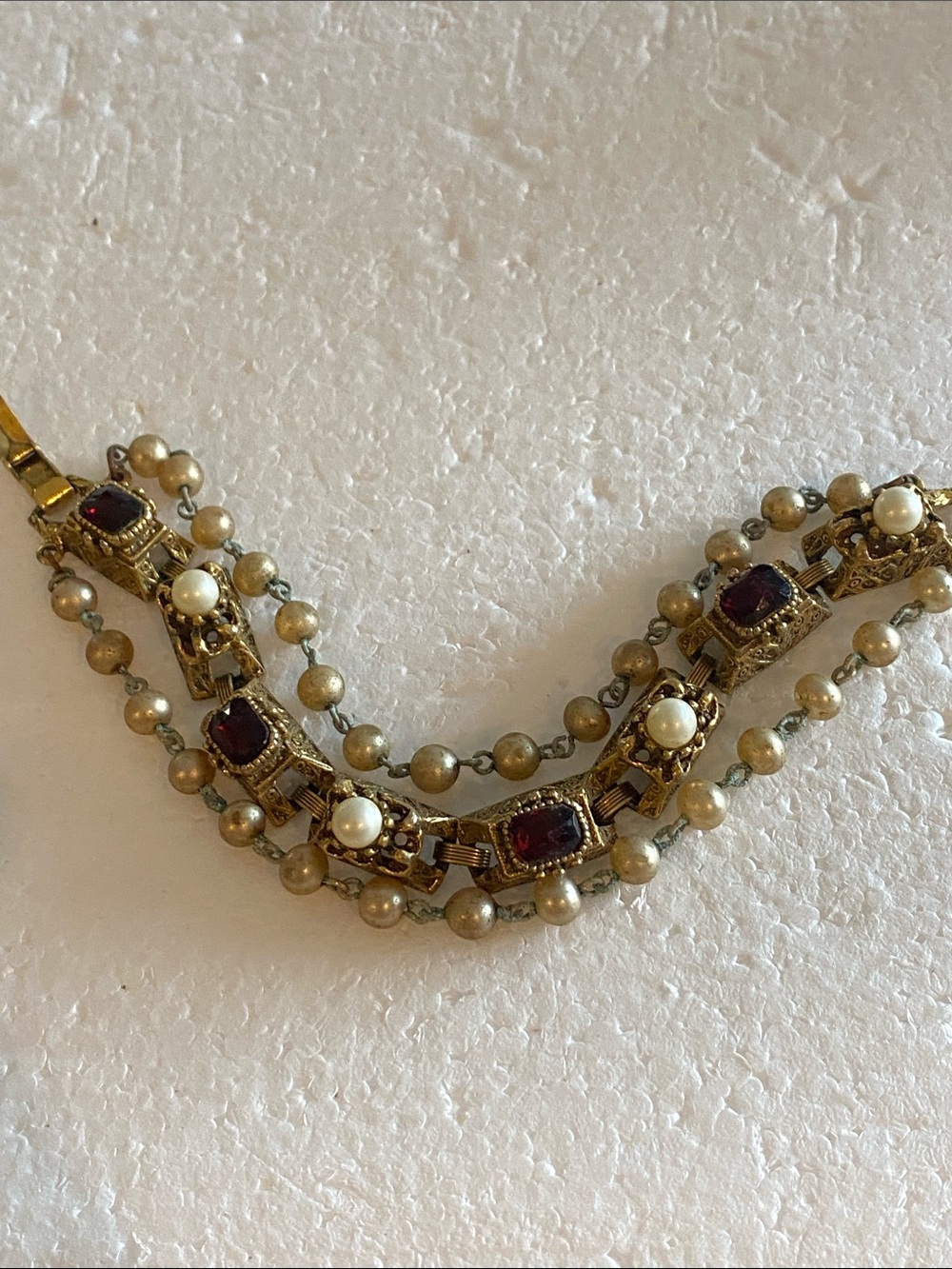 Vintage-Inspired Multi-Strand Pearl and Garnet Link Bracelet - Gold Tone